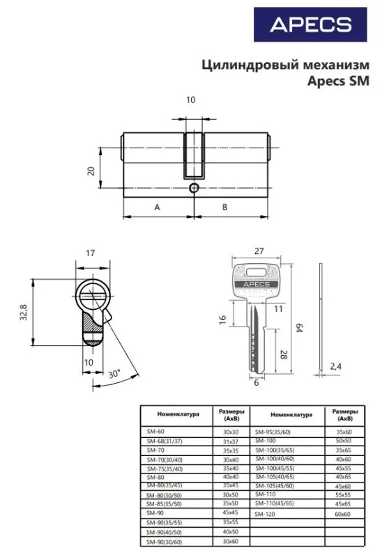 Цилиндровый механизм Аресs SM-90(40 50)-NI