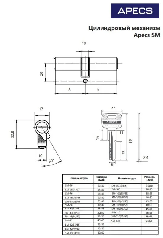 Цилиндровый механизм Аресs SM-90(35 55)-NI