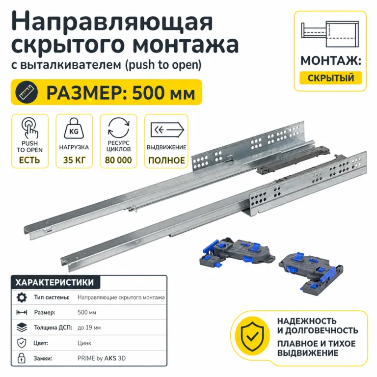 Направляющая скрытого монтажа с выталкивателем (push to open) ДСП до19mm с замками PRIME by AKS 3D полное выдвижение (500)