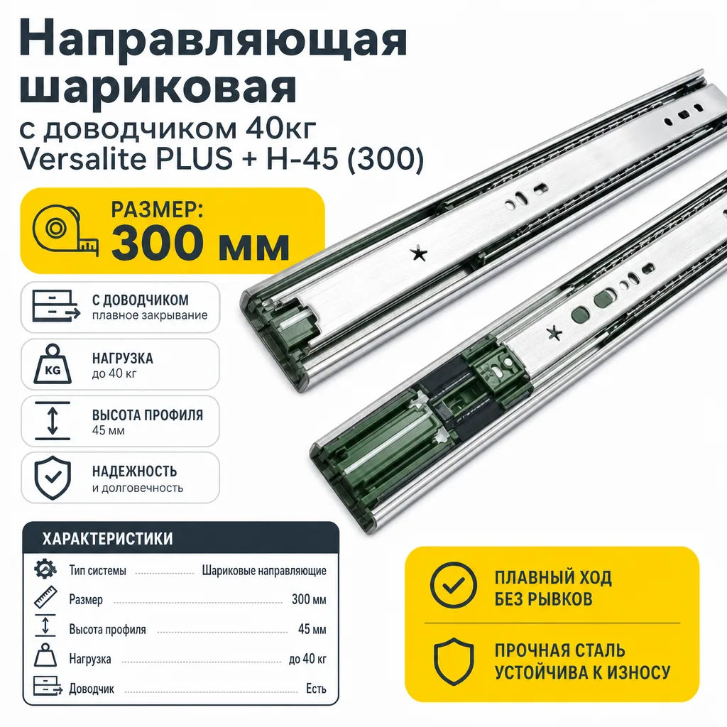 Направляющая шариковая с доводчиком 40кг GTV Versalite PLUS + H-45 (300)