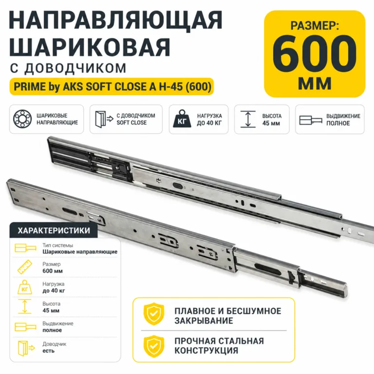 Направляющая шариковая с доводчиком PRIME by AKS SOFT CLOSE A H-45 (600)