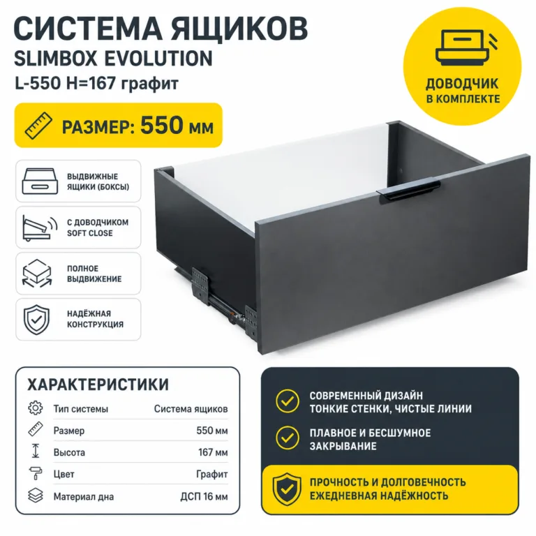 Система ящиков Slimbox Evolution L-550 H=167 графит SOFT CLOSE ДСП16мм