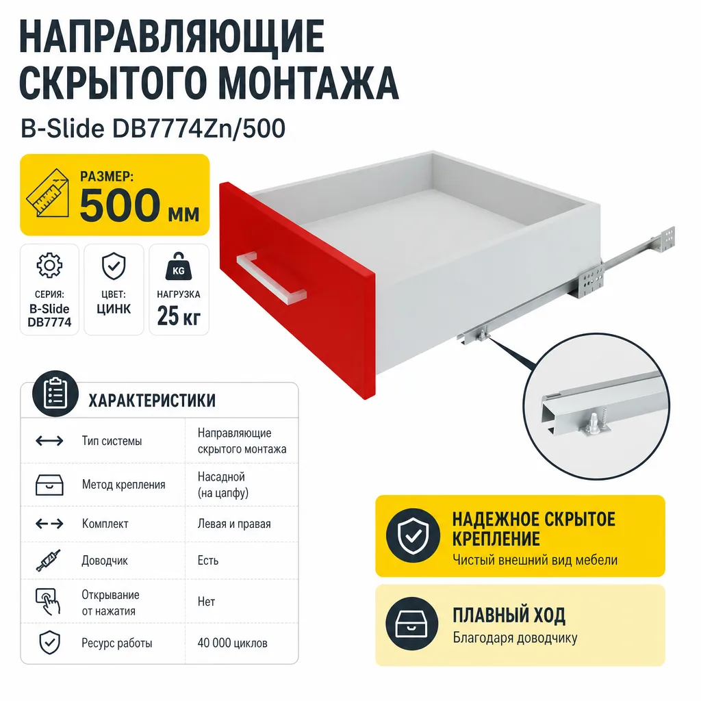 Направляющие скрытого монтажа В-Slide DB7774Zn/500