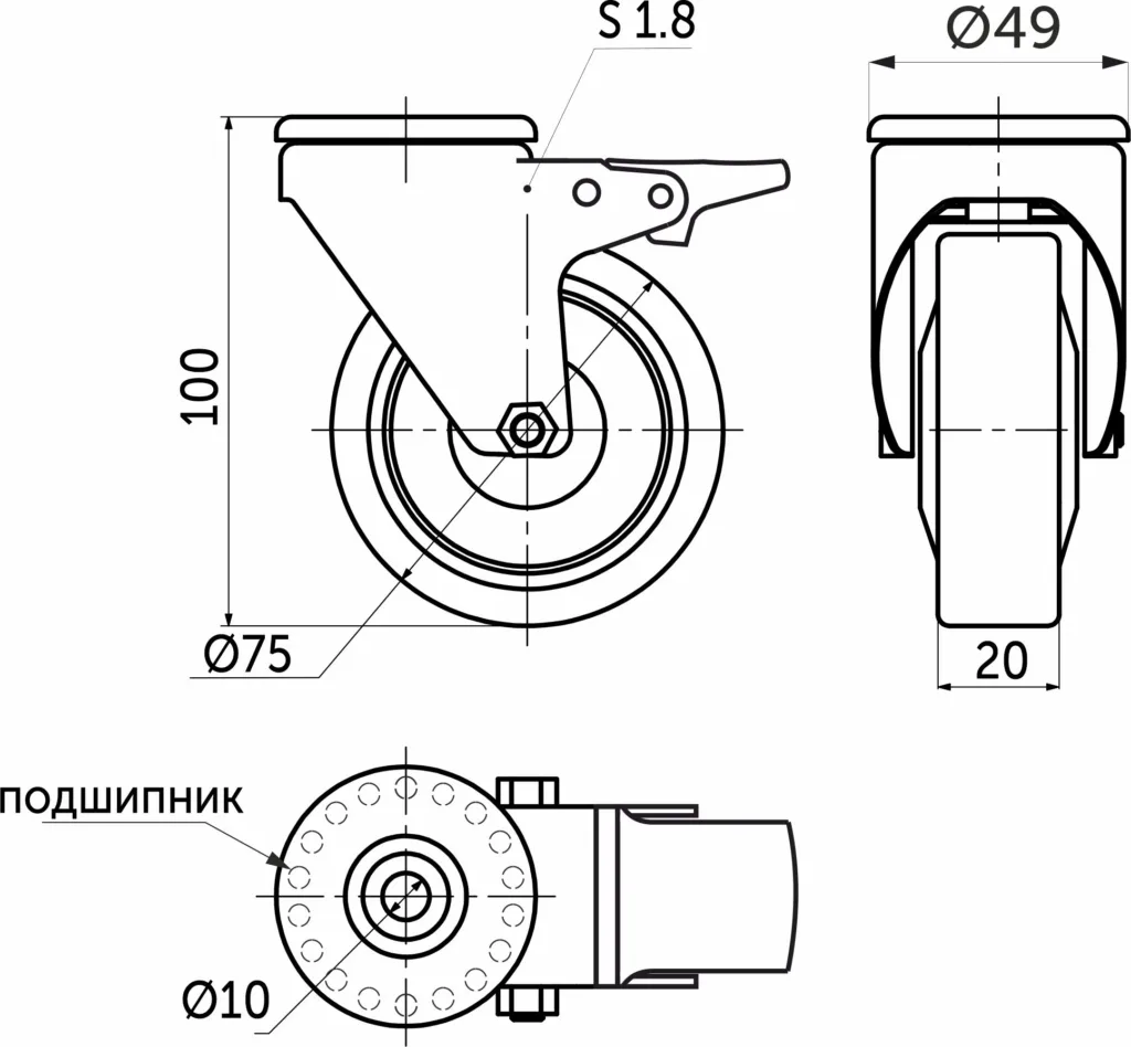 Колесо меб. TECH d75 h100 под винт М10 с торм., серый AKS