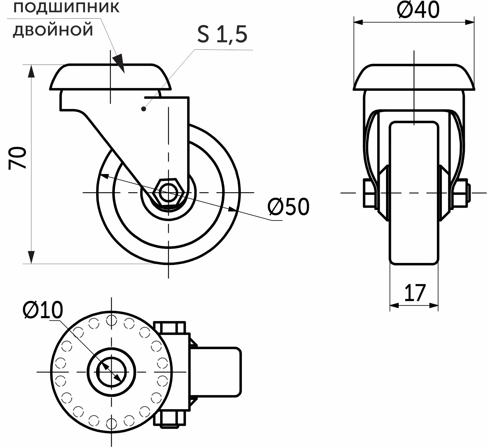 Колесо меб. TECH d50 h70 под винт М10, серый AKS