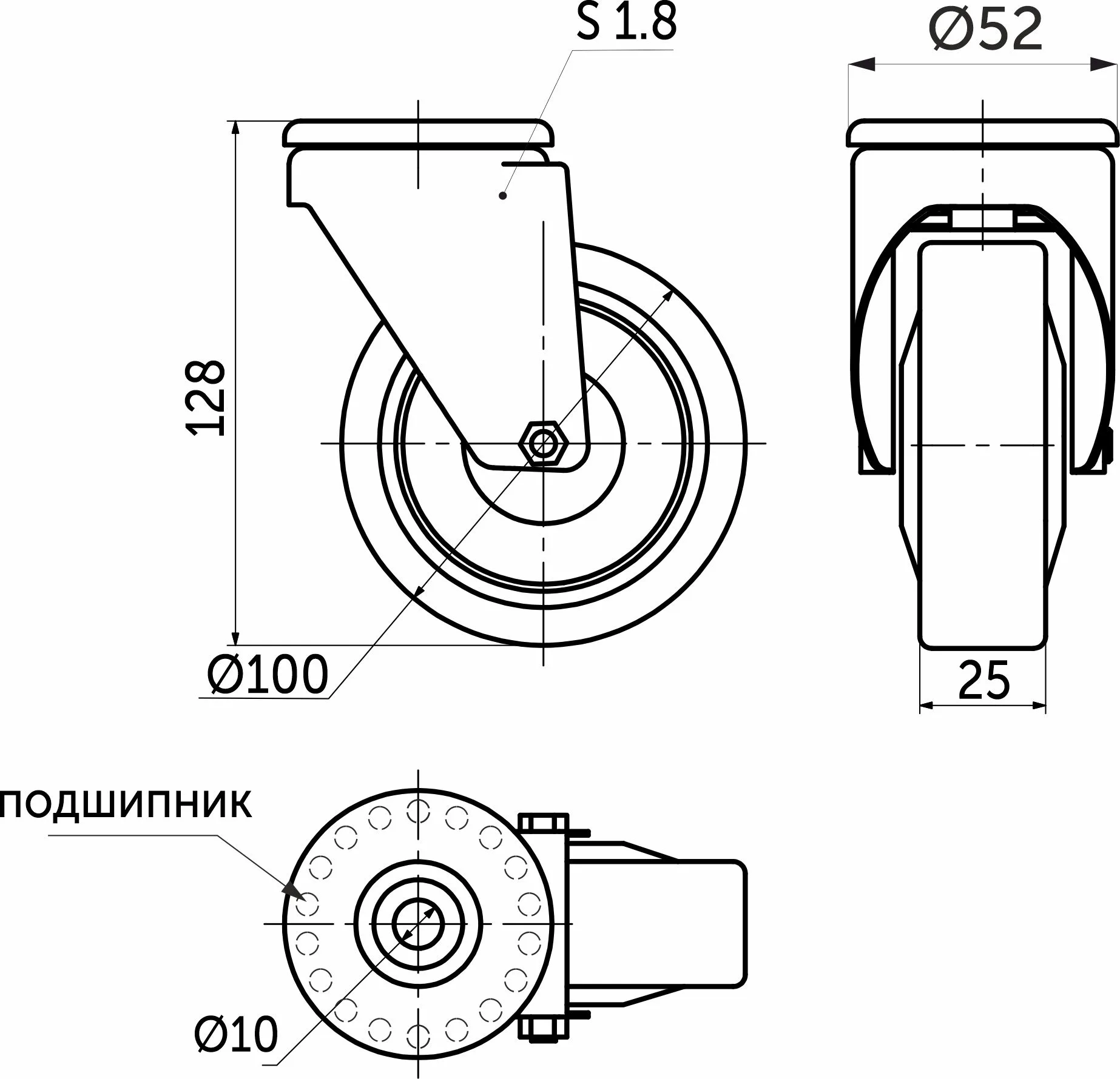 Колесо меб. TECH d100 h128 под винт М10, серый AKS
