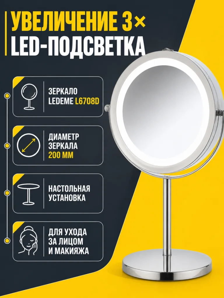 Зеркало увеличительное настольное с LED подсветкой 3-х кратное увеличение Ledeme L6708D