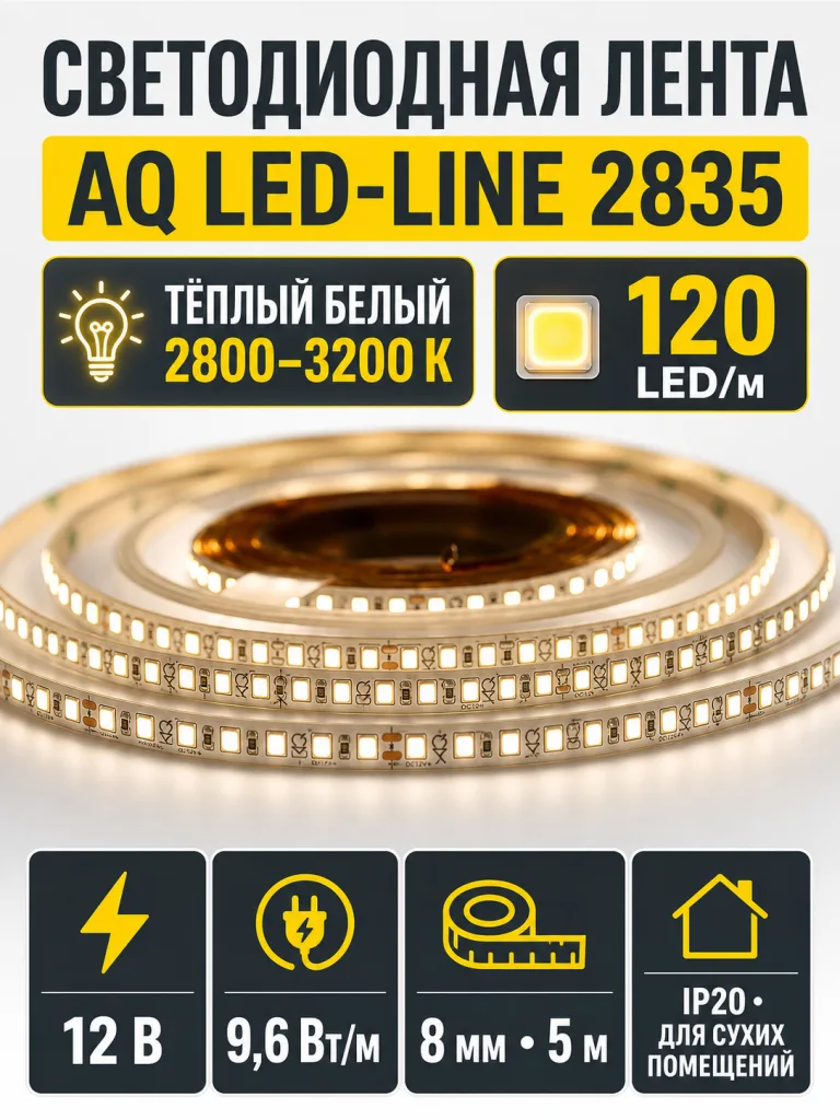 Лента светодиодная AQ LED-LINE 2835 120 LED/м 12V 9,6W/м 8 мм IP20 теплый белый 5 м (15.0014)