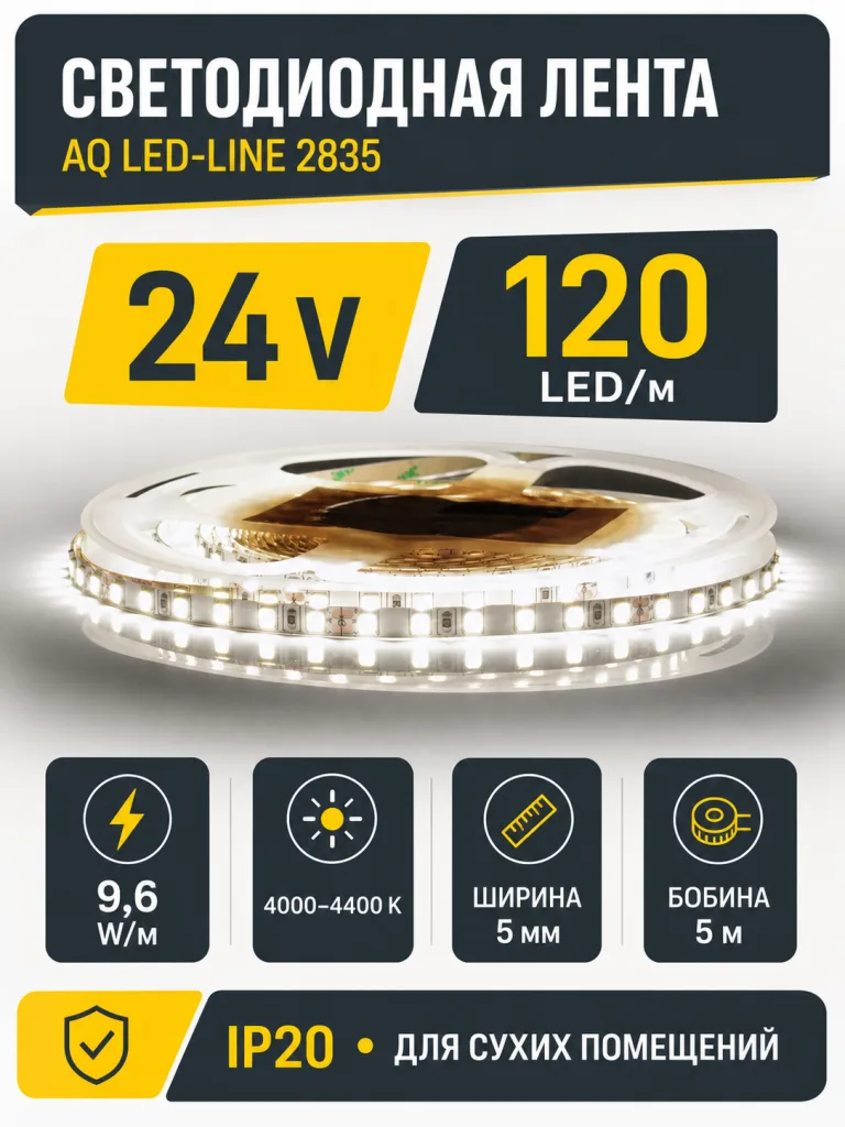 ЛЕНТА светодиодная AQ LED-LINE 2835 120 LED/м 24V 9,6W/м 5 мм IP20 нейтральный белый 5 м (15.0019)