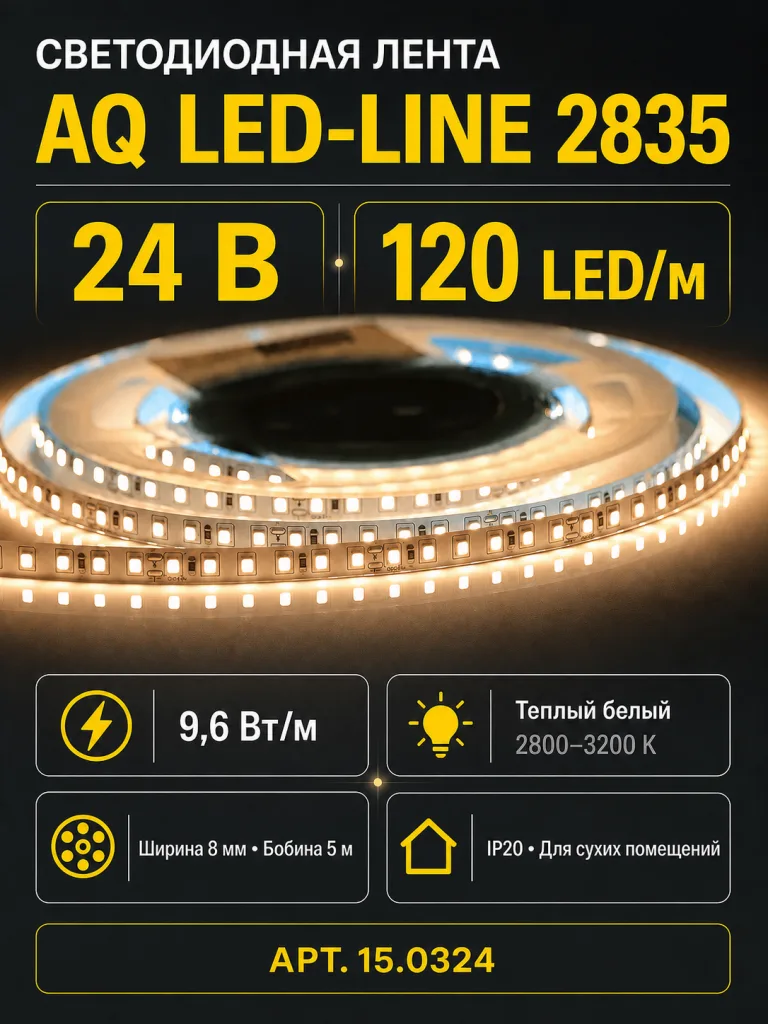 ЛЕНТА светодиодная AQ LED-LINE 2835 120 LED/м 24V 9,6W/м 8 мм IP20 теплый белый 5 м (15.0038)