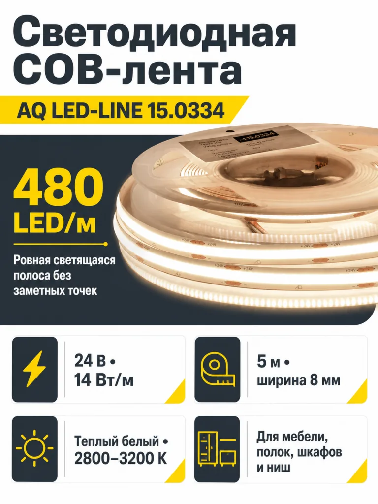 ЛЕНТА светодиодная AQ LED-LINE COB 480 LED/м 24V 14W/м 8 мм IP20 теплый белый 5 м (15.0033)