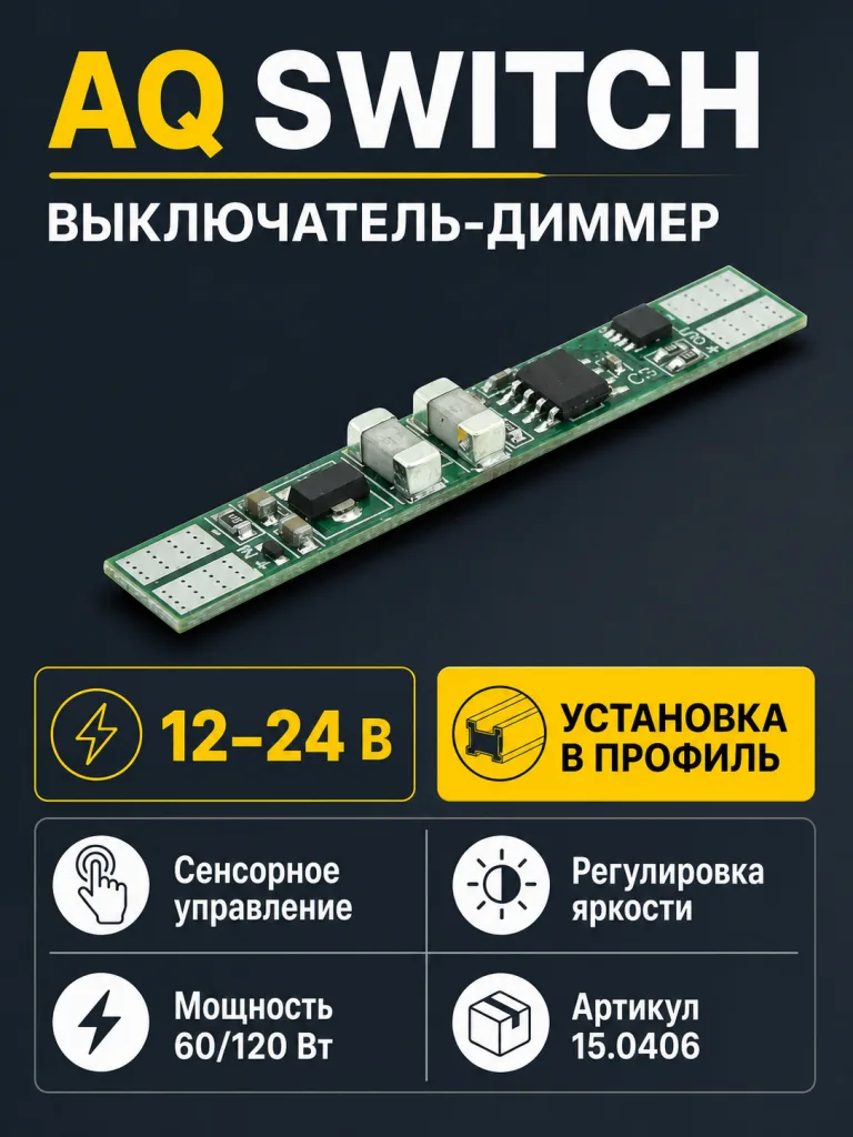 Выключатель AQ SWITCH сенсорный с диммером для установки в профиль 12/24V 60/120W