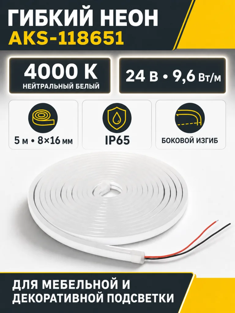 Гибкий неон - 9,6W/m, 24V, 8*16мм, 120 д/м, IP65, нейтральный белый (4000K) - 5м, AKS