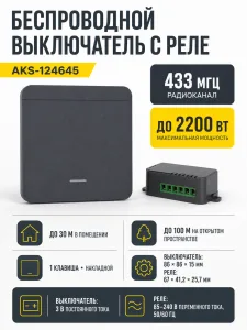 Выключатель беспроводной, с реле, 1 клавиша, графит, AKS
