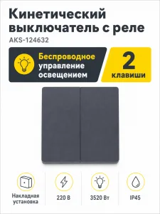 Выключатель кинетический, с реле, 2 клавиши, графит, AKS