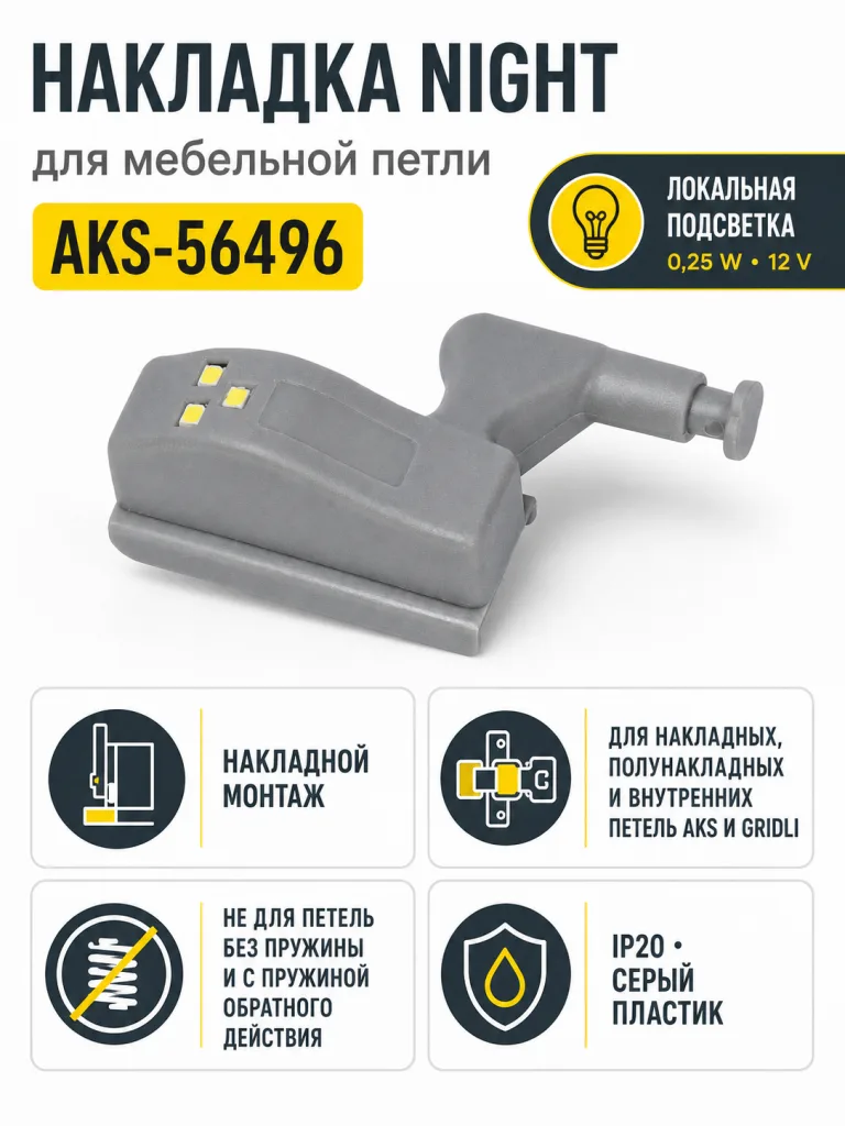 Накладка для мебельных петель (Светильник светодиодный Night, 0,25W, 12V), AKS