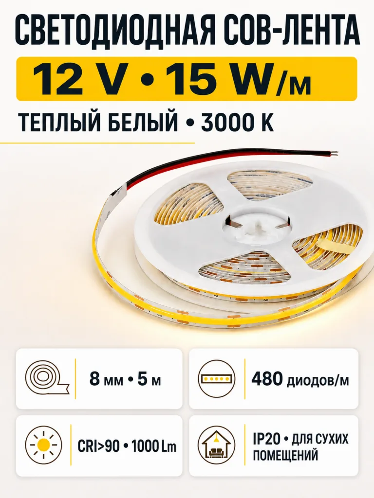 Лента светодиодная COB - 15W/m, 12V, 8мм, 480 д/м, IP20, теплый белый (3000K), CRI>90, 1000 Lm, 5м, AKS