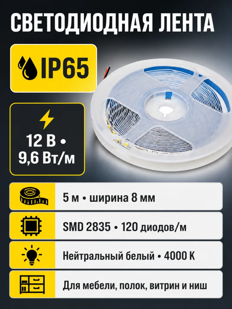 Лента светодиодная влагостойкая - 9,6W/m, 12V, 8мм, 2835, 120 д/м, IP65, нейтр. бел (4000К), 5м, AKS