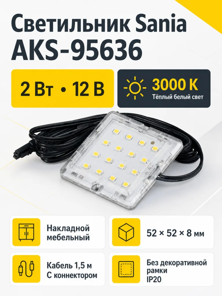 Светильник светодиодный Sania, накладной, 2W, 12V, теплый белый, 3000K, без крышки, AKS