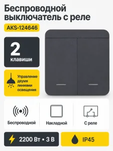 Выключатель беспроводной, с реле, 2 клавиши, графит, AKS