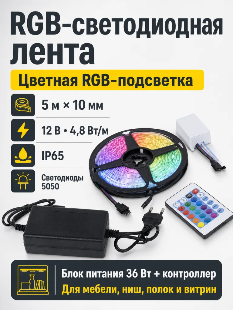 Лента светодиодная RGB влагостойкая - 4,8W/m, 12V, 10мм, 5050, 54 д/м, IP65, цветная - 5м, + блок питания + контроллер, AKS