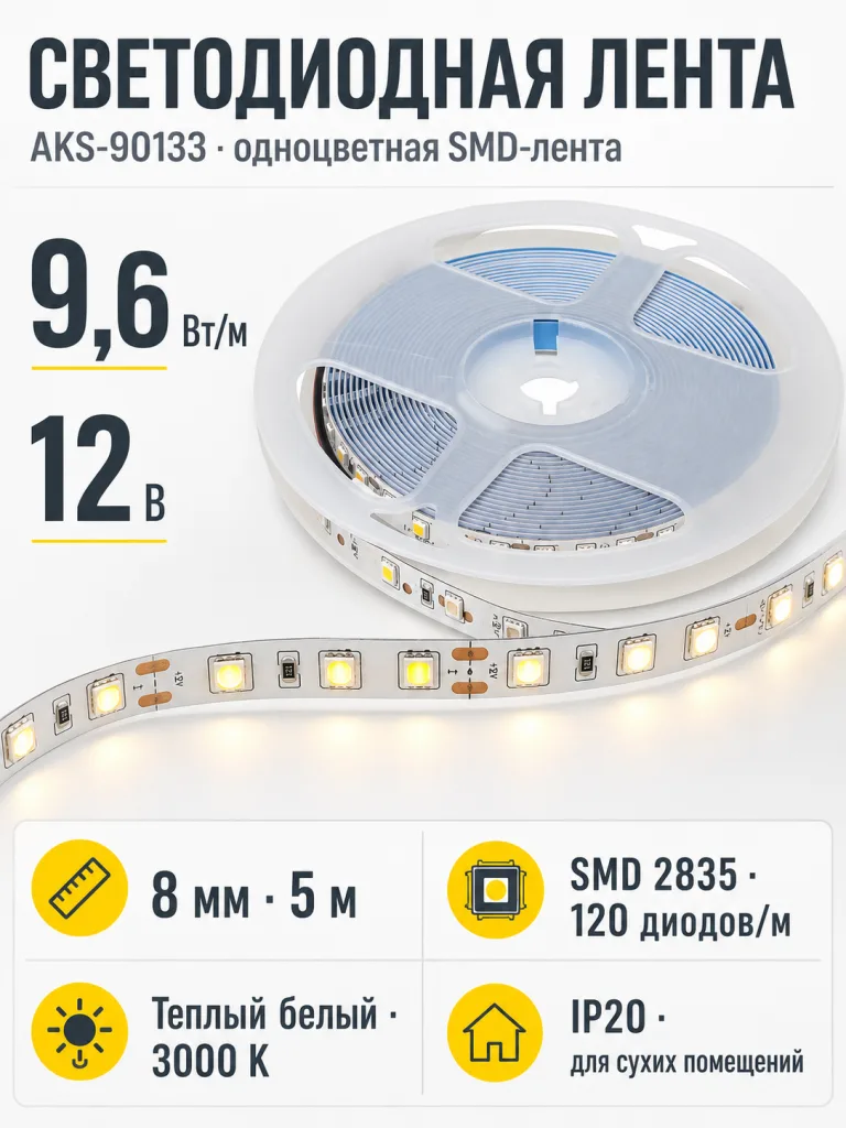 Лента светодиодная - 9,6W/m, 12V, 8мм, 2835, 120 д/м, IP20, теплый белый (3000K), CRI>70, 950 Lm, 5м, TE