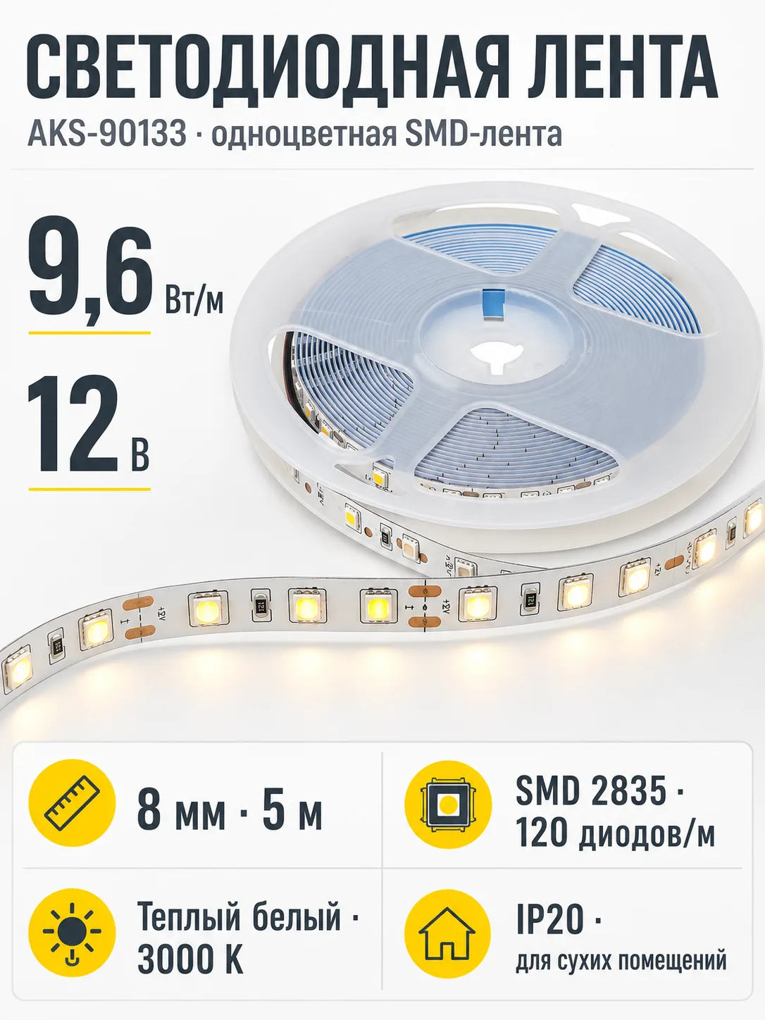 Лента светодиодная - 9,6W/m, 12V, 8мм, 2835, 120 д/м, IP20, теплый белый (3000K), CRI>70, 950 Lm, 5м, TE