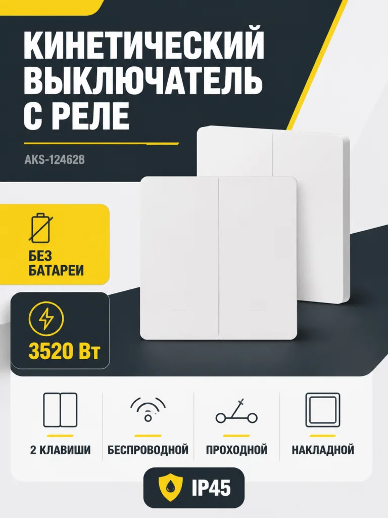 Выключатель кинетический, с реле, проходной, 2 клавиши, белый, AKS