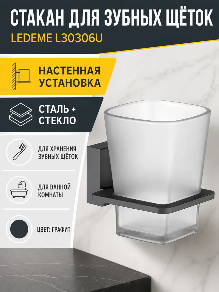 Стакан для зубной щетки, сталь + стекло, графит Ledeme L30306U