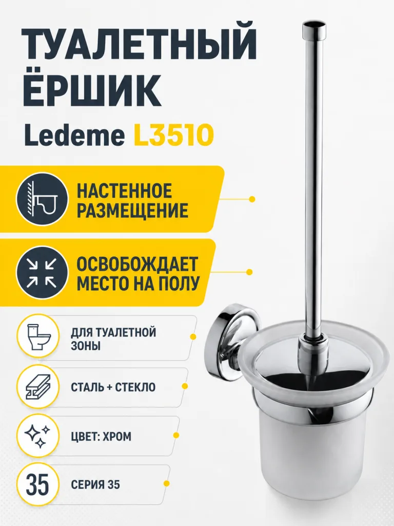 Туалетный ершик, сталь + стекло, хром Ledeme L3510