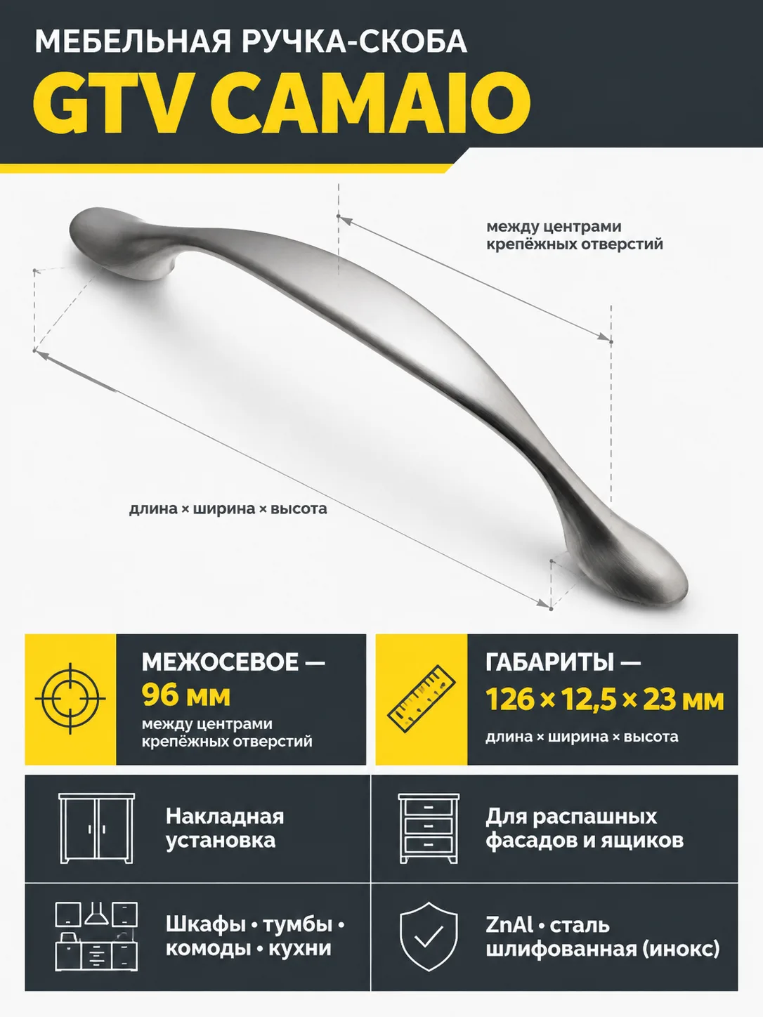 Мебельная ручка CAMAIO GTV сталь шлифованная (инокс) (96)