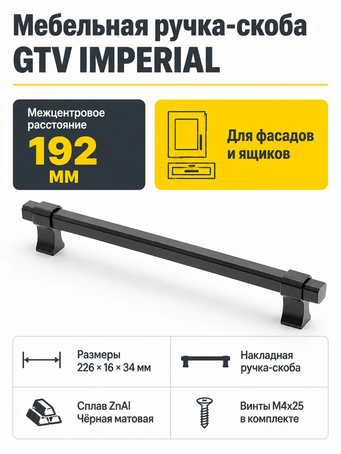 Мебельная ручка GTV IMPERIAL чёрный матовый (192)