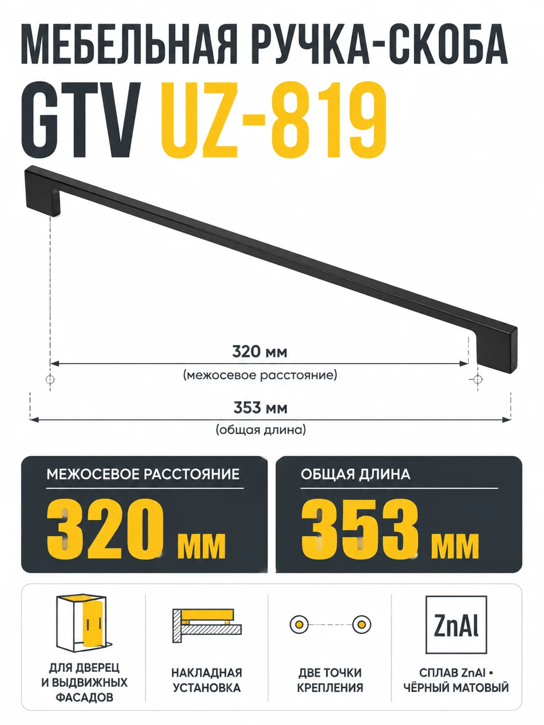 Мебельная ручка GTV UZ-819 черный матовый (320)