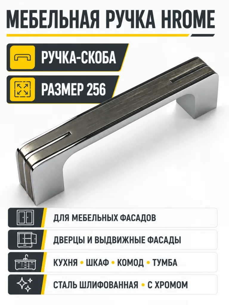 Мебельная ручка HROME сталь шлифованная с хромом (256)