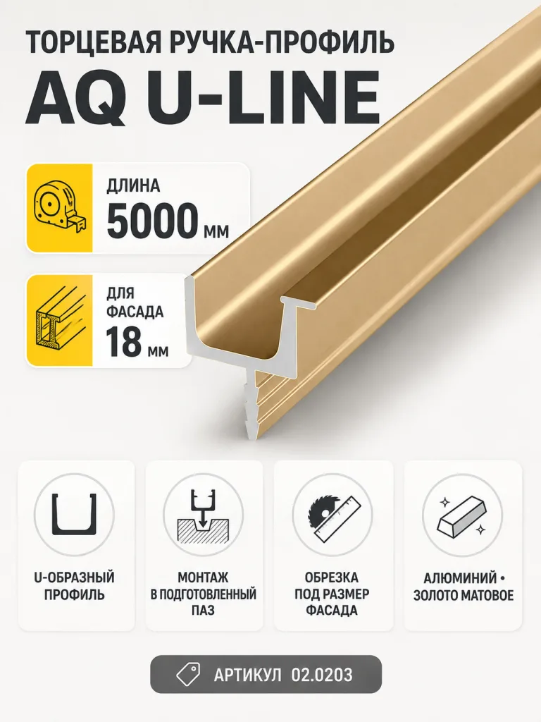 Ручка-профиль торцевая AQ U-line (ДСП+стекло) 5000 мм золото матовое