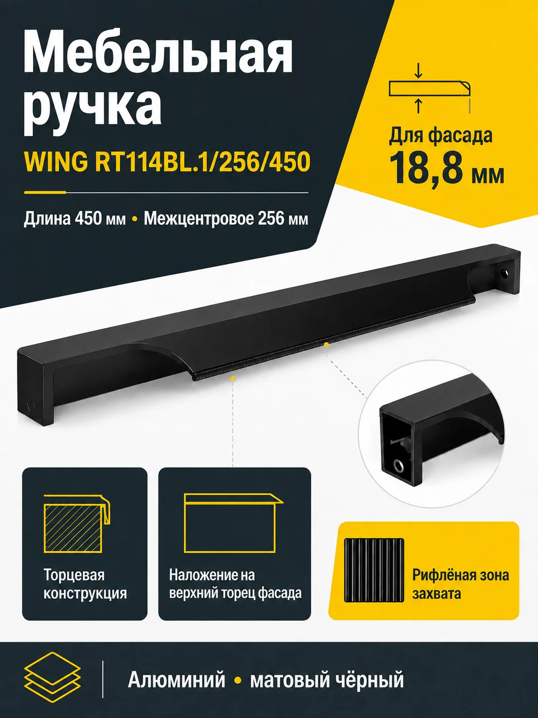 Мебельная ручка WING RT114BL.1/256/450