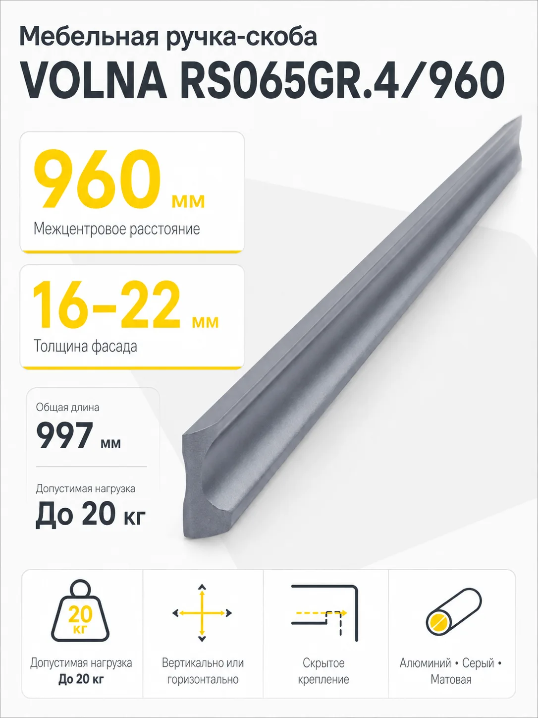 Мебельная ручка VOLNA RS065GR.4/960