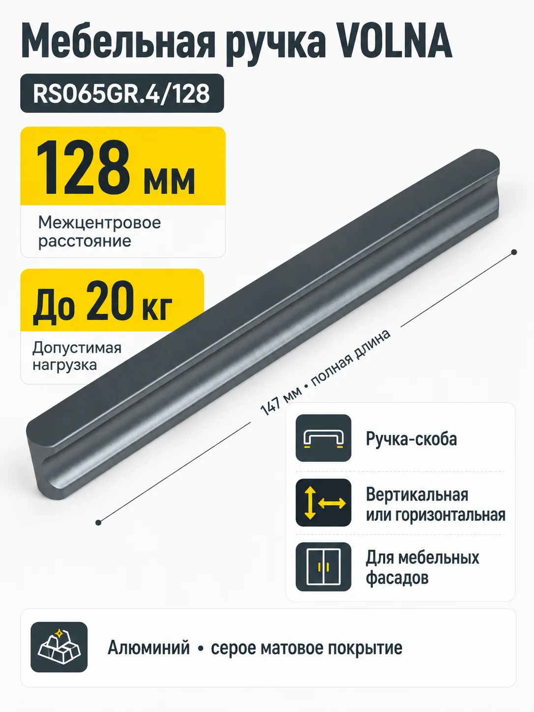 Мебельная ручка VOLNA RS065GR.4/128