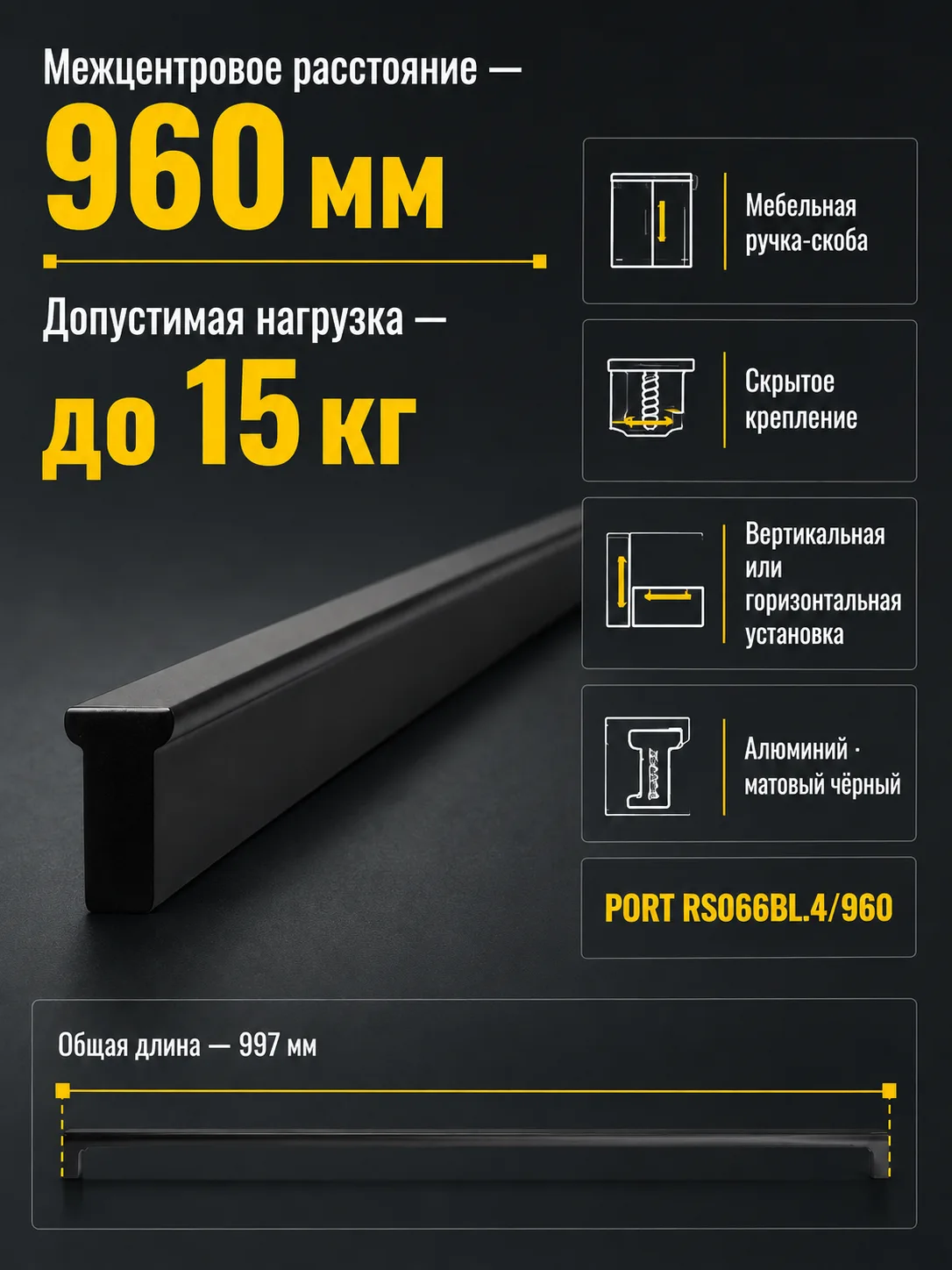 Мебельная ручка PORT RS066BL.4/960