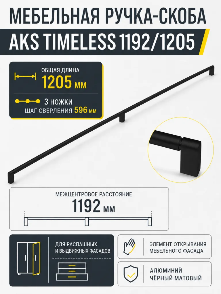 Ручка меб. скоба алюм. TIMELESS 1192/1205 черный матовый, AKS