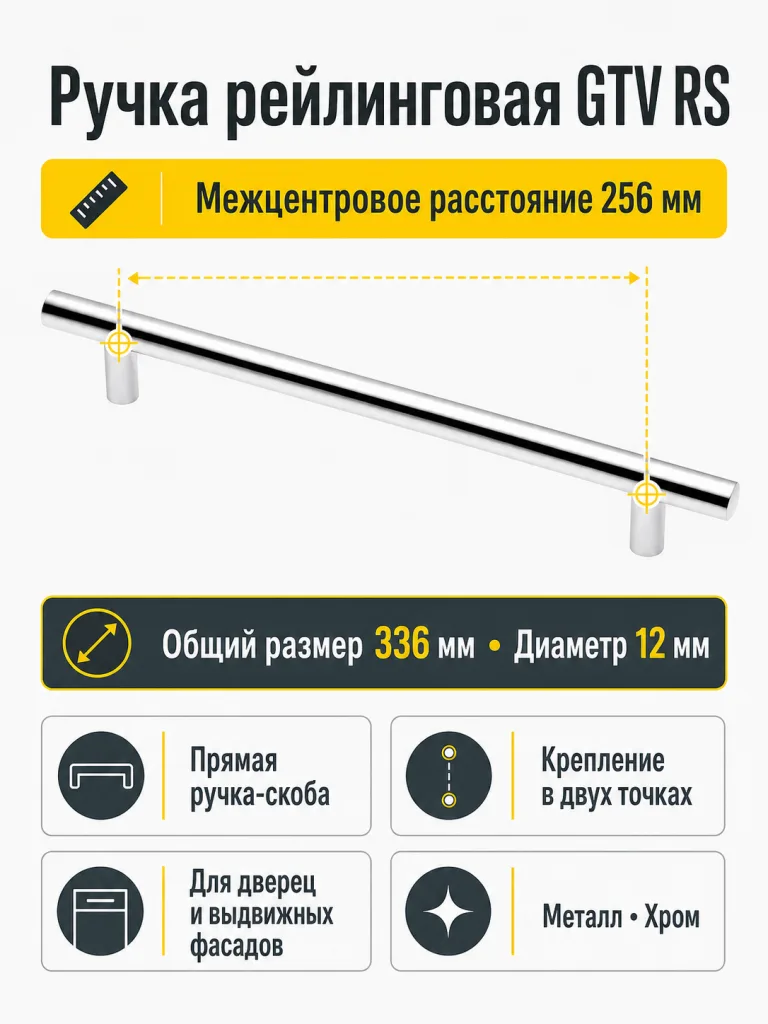 Ручка рейлинговая RS D-12 L-256мм, хром