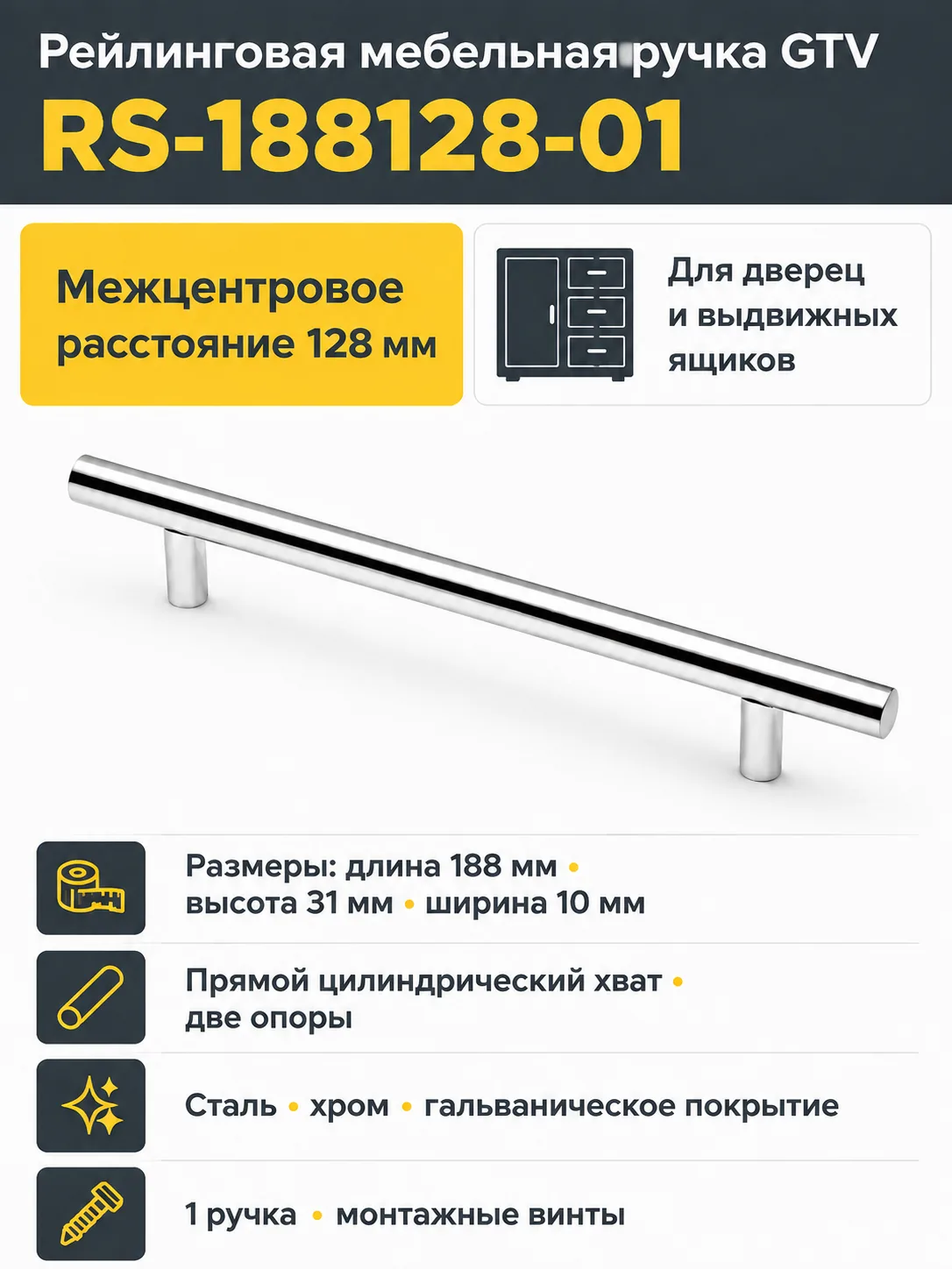 Ручка рейлинговая RS D-12 L-128мм, хром