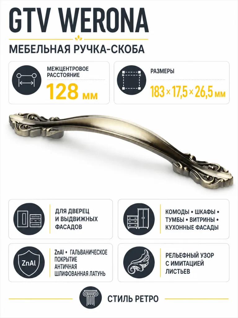 Ручка мебельная WERONA L-128мм, античная шлифованная латунь