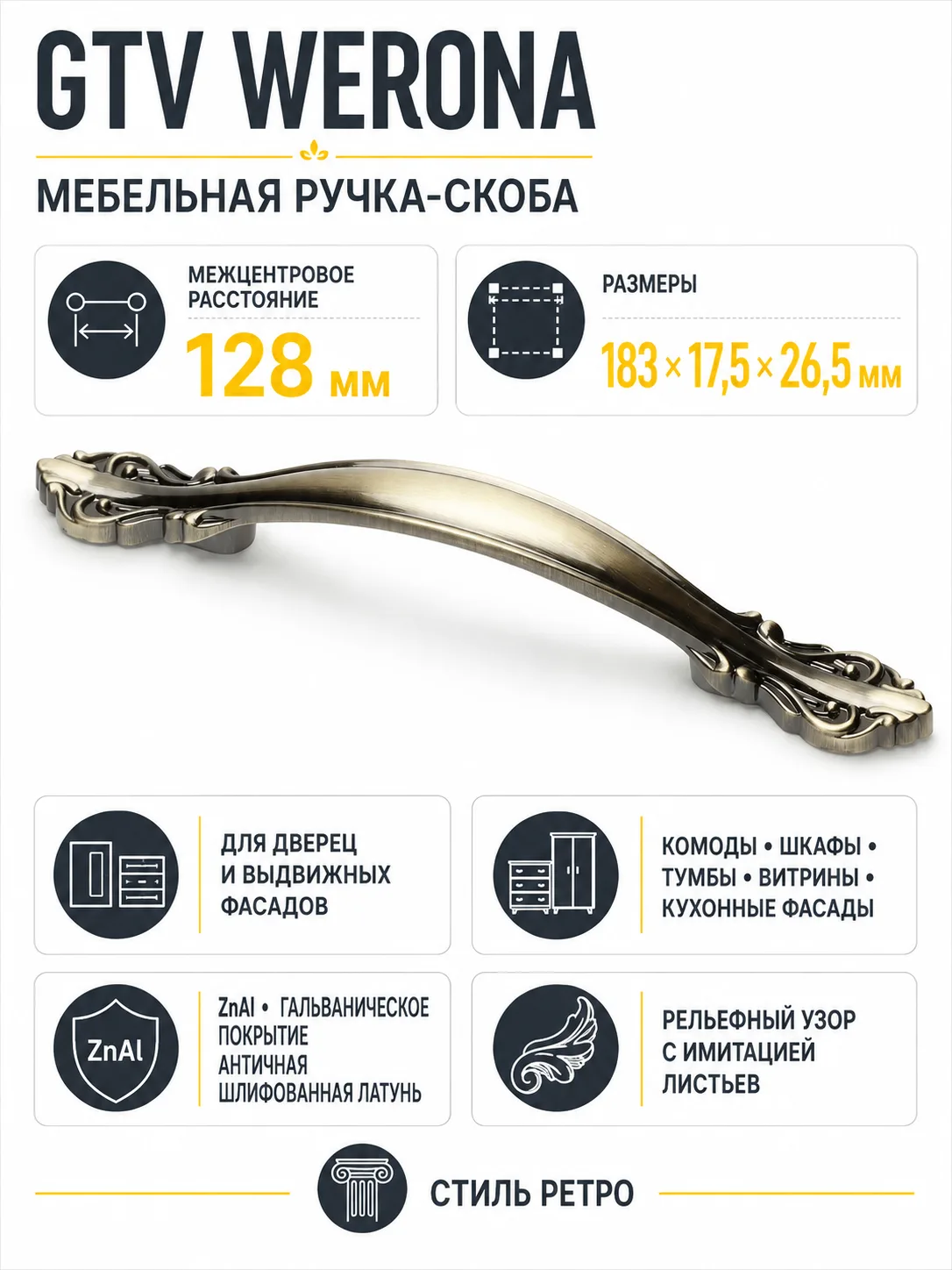 Ручка мебельная WERONA L-128мм, античная шлифованная латунь