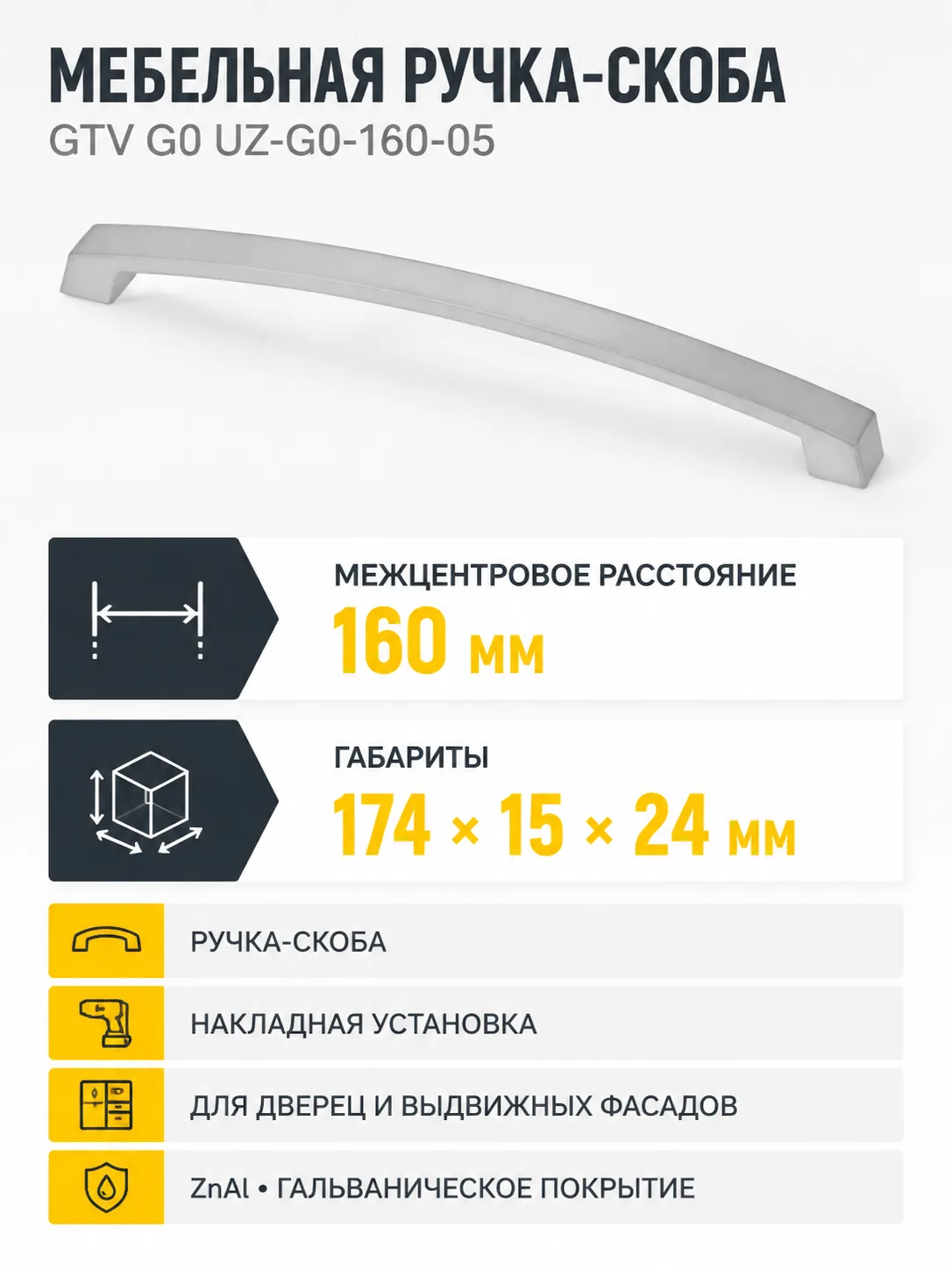 Ручка мебельная UZ-G0 L-160мм, алюминий