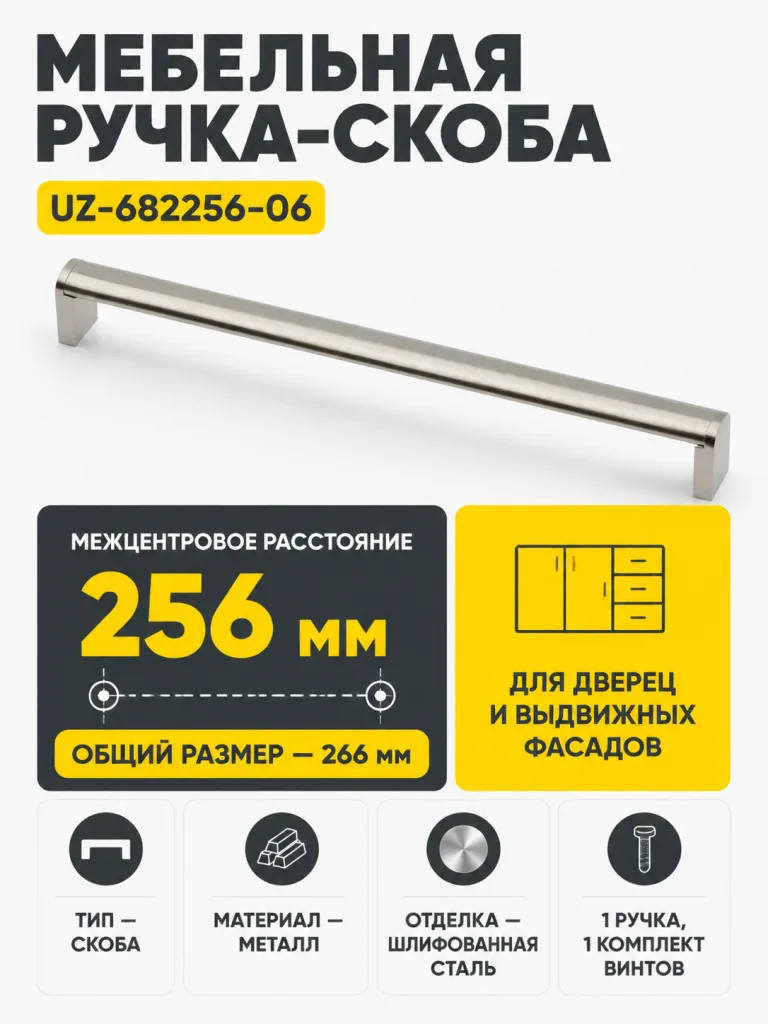 Ручка мебельная UZ-682 L-256мм, шлифованная сталь