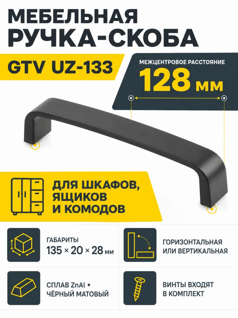 Ручка мебельная UZ-133 L-128мм, черный матовый