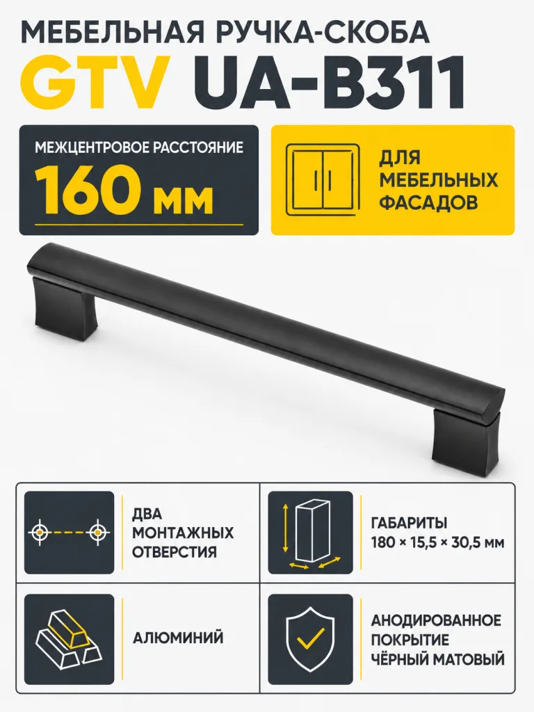 Ручка мебельная UA-B311 L-160мм, черный матовый