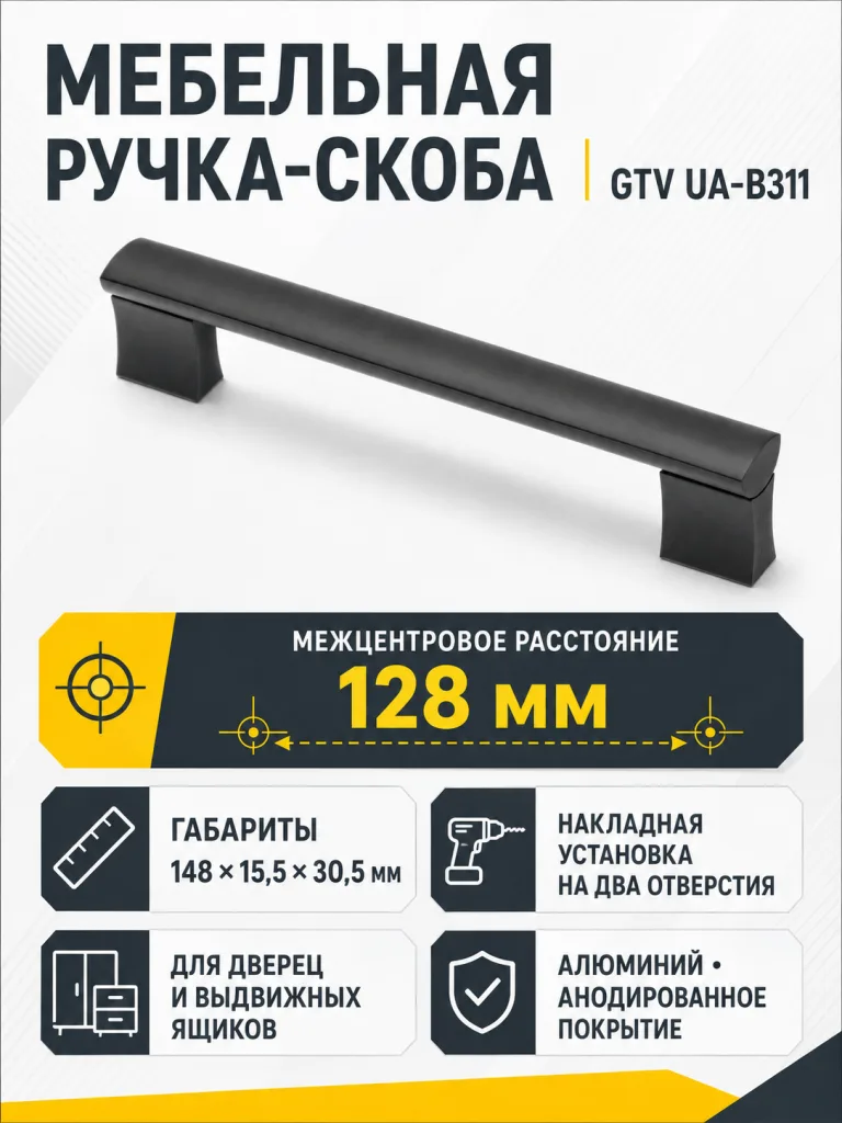 Ручка мебельная UA-B311 L-128мм, черный матовый