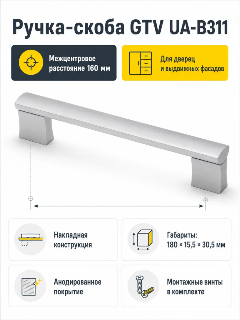 Ручка мебельная UA-B311 L-160мм, алюминий